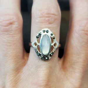 Size 8 925 Sterling Silver Marcasite Stones And White Shell Ring